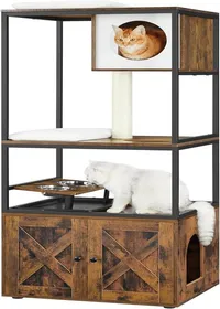 Comparer les prix de Arbre À Chat,Maison Pour Chat Avec Cache-Litière,Gamelles Surélevées,Poteau À Griffer En Sisal,Tapis Lavables,Marron Rustique Pct3
