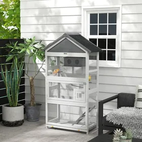 Meilleurs prix pour MOTHINESSTO2867-Cage à oiseaux en bois cage perroquet aire de jeux toit asphalte imperméable 92 x 52 x 171 cm gris