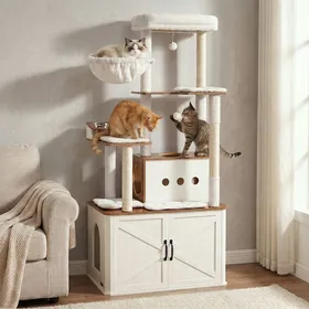 Comparer les prix de Arbre à Chat de 170 cm de Haut Niche pour Chat Meuble Cache-Litière Marron et Blanc