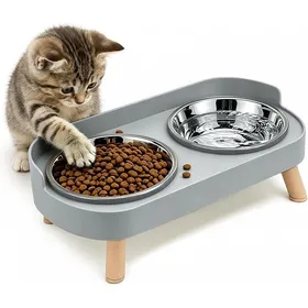 Comparer les prix de Gamelle Surelevee Chat Inox - Double Gamelle Protection Cou et Anti Eclaboussures - Support Antiderapant pour Chien - Gris 2x400 ml