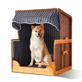 Comparer les prix de Relaxdays Fauteuil de plage pour chien en rotin avec gamelle et toit 95x75x65 cm bois bleu foncé