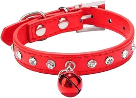 Meilleurs prix pour Collier de Chien en Cristal avec Sécurité Réglable Boucle et Cloche PU Cuir Chiot Chien Chat Colliers (Rouge)