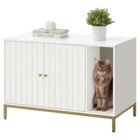 Meilleurs prix pour Meuble Litière Chat - Feandrea - Blanc/Doré - Tapis Grattage - Pieds Hauts - 90x48x615 cm