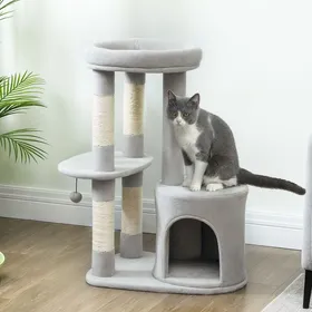 Comparer les prix de Arbre à chat - AKOZON - 12698 - gris clair - 60 x 45 x 90 cm - multifonctionnel (plateformes niche sisal)