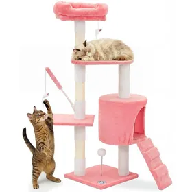Meilleurs prix pour VOUNOT® Arbre à chat 112cm multi niveaux rose - avec griffoir niche jouet et plateforme - arbre à grimper