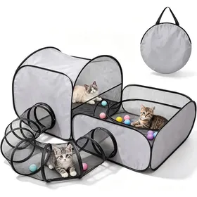 Meilleurs prix pour Parc pour Chat et Petit Chien 3 en 1 Enclos Pliable avec Tunnel de Jeu Tente Portable en Maille Respirante 160 x 80 x 77 cm