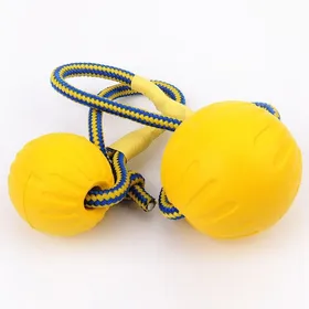 Meilleurs prix pour Balle pour chien en caoutchouc - Phoesky - Interactif - Flottant - Mâcher - Avec corde - Jaune - 9 cm - EVA