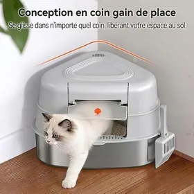 Meilleurs prix pour Bac litière chat XXXL inox 304 angle avec couvercle 70L chat 20kg anti-odeur antirouille anti-rayures 3 modes réglables