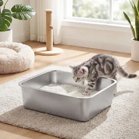 Meilleurs prix pour Bac à Litière pour Chats en Acier Inoxydable Ouvert pour Petits Chats 45 x 35 x 15 cm Argent