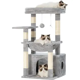 Comparer les prix de Arbre à chat grand panier matou bois lit spacieux couchette cachée balle peluche gris clair accessoire confortable moderne