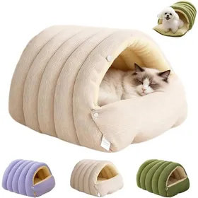 Comparer les prix de Sac de couchage pour animaux – Beige – Lit pour chat et chien – Doublure en peluche – Extérieur en velours côtelé – Pliable –