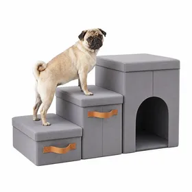 Comparer les prix de Relaxdays Escalier chien 3 marches niche & rangement HxLxP 445x78x335 cm pliable rampe lit & canapé gris