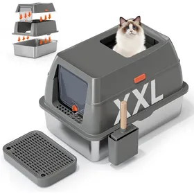 Comparer les prix de Bac à Litière pour Chat en Acier Inoxydable avec Couvercle, Maison de Toilette Fermée XXL pour Chats avec Pelle 60x40x40cm