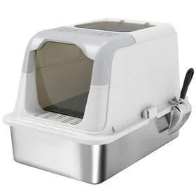 Meilleurs prix pour Bac à Litière fermé，XXL，Toilettes pour chats à deux portes plateau en acier inoxydable Avec une pelle，blan