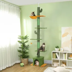 Comparer les prix de Arbre à chat suspendu plafond (230-275 cm) avec niche griffoir balle et système anti-basculement mobilier chat vert 55x34x275cm