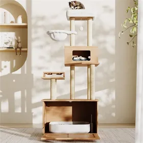 Meilleurs prix pour Arbre à Chat avec Meuble de Litière Intégré 173 cm - Tour de Chat avec Station de Nourrissage Hamac et Griffoirs - Noyer - Moderne