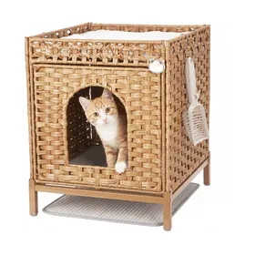 Meilleurs prix pour Enclos cache-litière pour chat en rotin tressé – Cadre métallique robuste – Coussin et tapis inclus – 52x47x59cm
