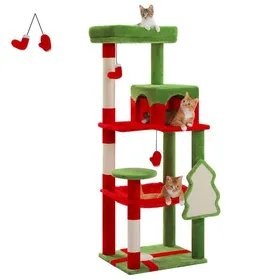 Meilleurs prix pour PAWZ Road Arbre à Chat Design Spacieux Grande Hamac Dur Stable Avec Hamac et belle maison pour chat - Rouge Noël - 143 cm