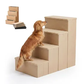 Comparer les prix de Relaxdays Escalier pour chien pliable 4 marches revêtement en tissu HxLxP 65x40x70 cm beige rampe lit & canapé