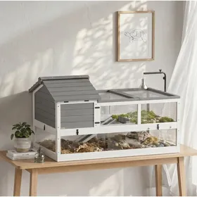 Comparer les prix de Enclos pour tortue en bois gris – Terrarium reptiles à deux niveaux support lampe réglable toit ouvrant