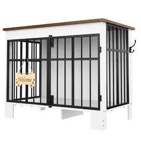 Meilleurs prix pour Meuble niche chien YITAHOME 85cm double porte table dappoint blanc et brun avec panneau Bienvenue et crochet latéral