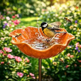 Meilleurs prix pour Bain doiseaux abreuvoir abeilles en métal orange – motif fleur résistant intempéries décoration artisanale élégante pour jardin