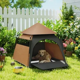 Meilleurs prix pour Tente Pour Chien 120x120x106cm Pliable Résistante Intempéries Niche Confort Grands Chiens Intérieur/Extérieur Marron Foncé