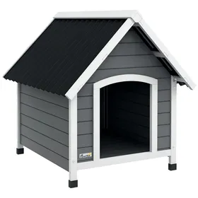 Meilleurs prix pour Niche pour chien design chalet sur pied - toit double pente, plancher amovible - plastique noir bois blanc gris