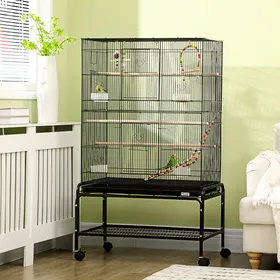 Comparer les prix de MOTHINESSTO1548-Cage à oiseaux sur pieds roulettes avec 4 mangeoires et 3 perchoirs 79 x 49 x 133 cm noir