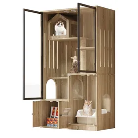 Meilleurs prix pour Villa pour chat en verre grande clôture pour chat à 4 étages maison pour chat résistante à lhiver bois nature 90 x 50 x 160cm