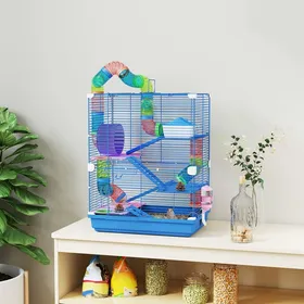Meilleurs prix pour Cage pour hamster rongeur 4 étages avec tunnels mangeoire roue maison échelles 46 x 30 x 58 cm bleu