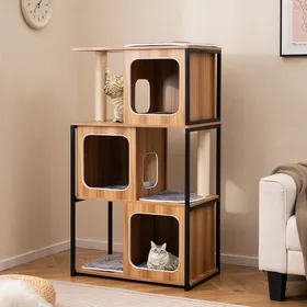 Meilleurs prix pour GOPLUS Arbre à Chat 133CM avec Cadre en Métal, 3 Niches, Griffoirs et Planche en Sisal, Coussins Lavables, Meuble Arbre Chat