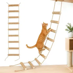 Meilleurs prix pour Échelle pour chat 108 cm montage mural pont descalade en sisal 3 en 1 et hamac en bois massif planches à gratter pliable