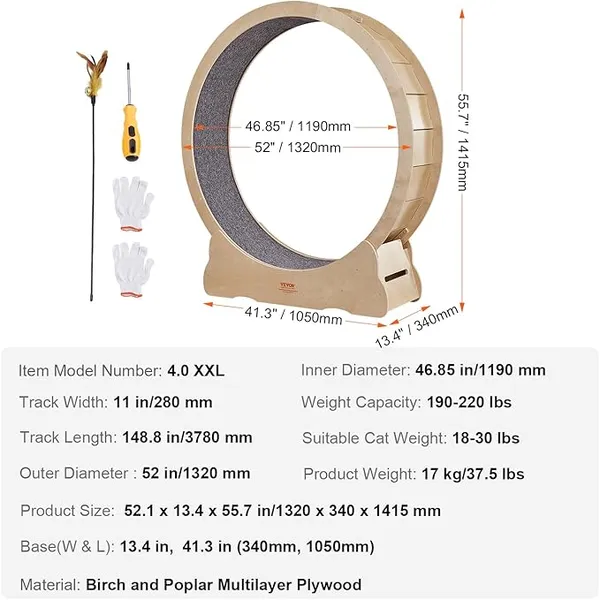 VEVOR Roue d'Exercice pour Chat 1320 mm Grande Roue de Tapis Roulant pour Chat Intérieur Roue de Course Tapis Détachable et Taquin pour Chat pour Course Marche Entraînement Convient Plupart des Chats