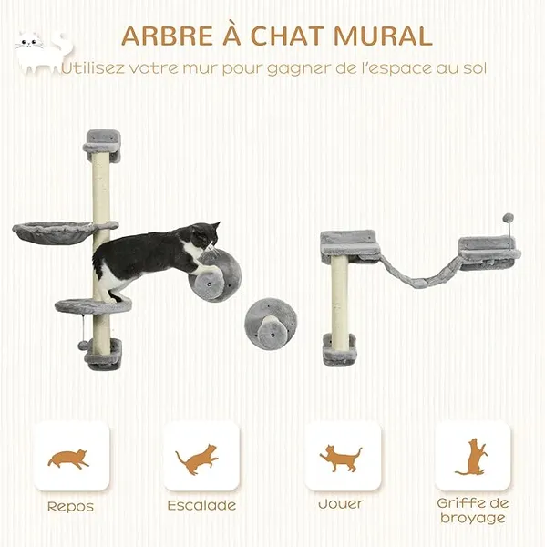 PawHut Arbre à chat parcours mural complet 4 pièces hamac, pompon, plateformes de saut, poteau en sisal et échelle peluche gris