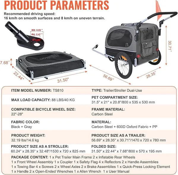 VEVOR Remorque de Vélo Chien Pliable Charge 40 kg Poussette d'Animaux de Compagnie 2en1 Cadre Facile à Plier avec Roues à Dégagement Rapide, Coupleur de Vélo Universel, Réflecteurs, Drapeau, Noir/Gris