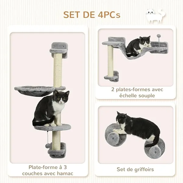 PawHut Arbre à chat parcours mural complet 4 pièces hamac, pompon, plateformes de saut, poteau en sisal et échelle peluche gris