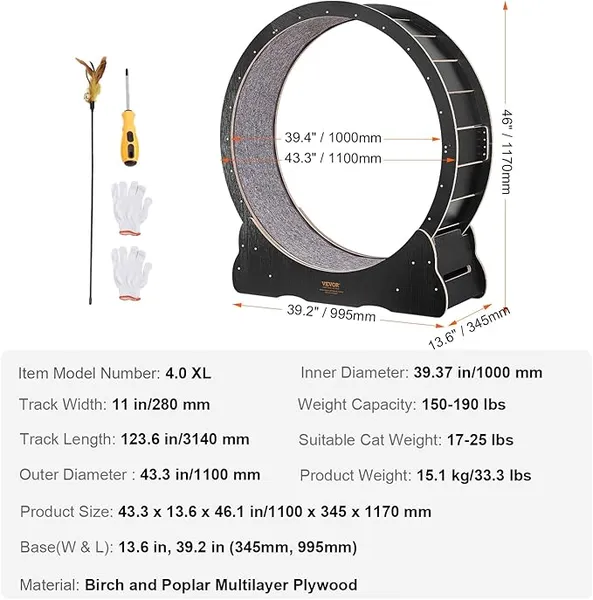 VEVOR Roue d'Exercice pour Chat 1100 mm Grande Roue de Tapis Roulant pour Chat Intérieur Roue de Course Tapis Détachable et Taquin pour Chat pour Course Marche Entraînement Convient Plupart des Chats