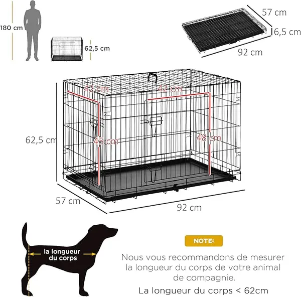 Cage caisse de transport pliante pour chien en métal noir 91 x 61 x 67 cm