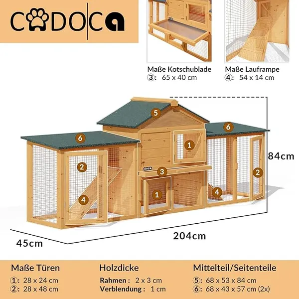 Cadoca Clapier à lapins 2 étages 204x45x84 cm Plateau amovible 2 rampes Toit en asphalte Enclos pour petits animaux Poulailler