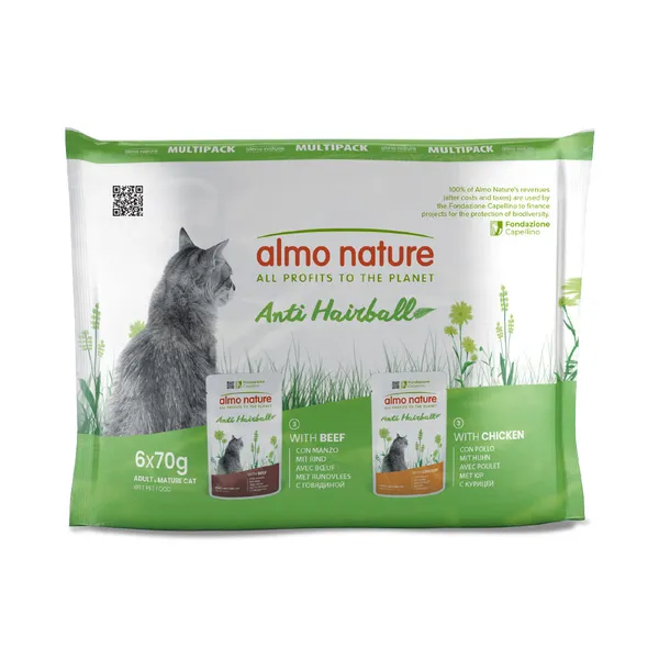 Almo Nature Holistic Anti Hairball pour chat - lot mixte :  12 x 70 g poulet + 12 x 70 g bœuf