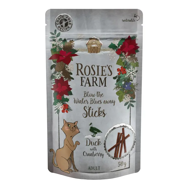Bâtonnets à mâcher Rosie's Farm Édition hivernale canard, cranberries pour chat - 50 g