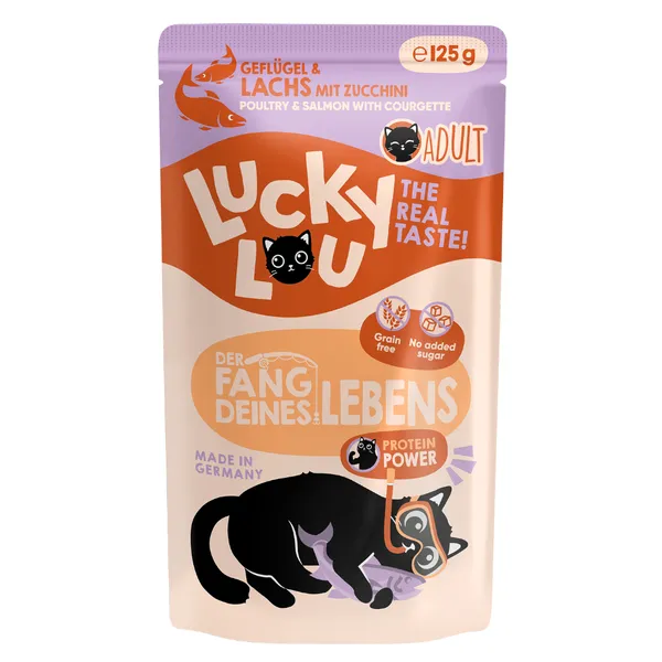 Paquet économique 48x125g Lucky Lou Adult volaille & saumon nourriture pour chat humide