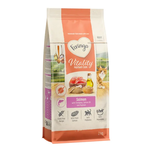 2 kg Feringa Vitality Hairball Care au saumon, croquettes pour chats