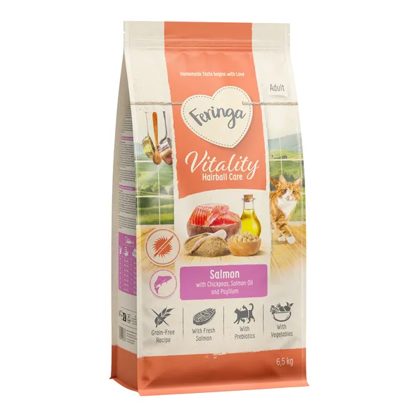 6,5 kg Feringa Vitality Hairball Care au saumon, croquettes pour chats
