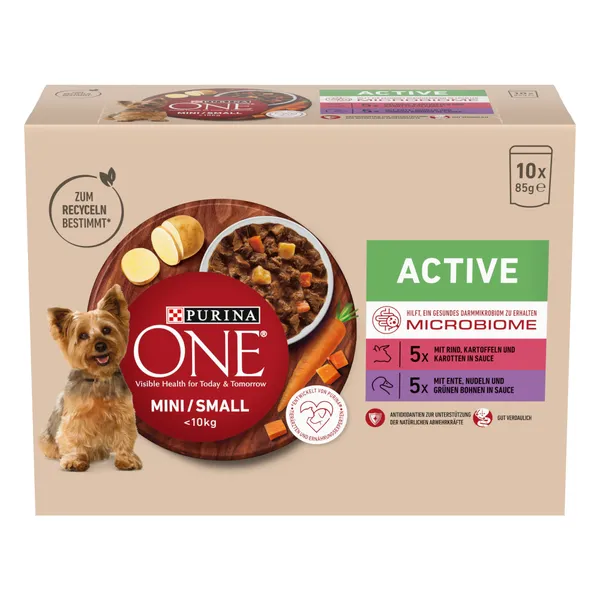 10x85g Purina ONE Mini Active bœuf et canard nourriture pour chiens humide