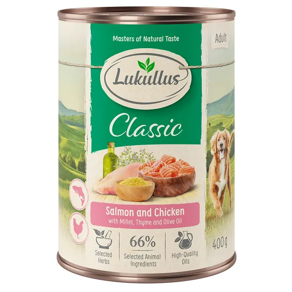 Lot Lukullus Classique 24 x 400 g - Adulte : saumon, poulet