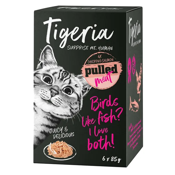 Tigeria Pulled Meat poulet, dés de saumon - Pâtée pour chat
