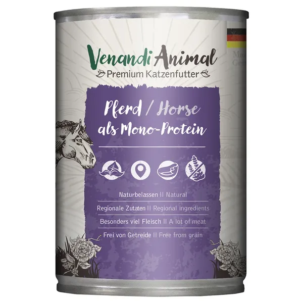 24x400g Venandi Animal monoprotéine cheval nourriture pour chat humide