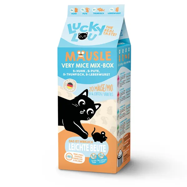 Paquet économique : 60x28g Lucky Lou paquet de souris mix sélection (4 sortes) Friandises pour chats